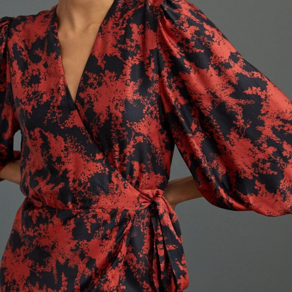 Anthropologie Caballero Midi Wrap Dress Silky Abstract Rusty Red/Black, Size M